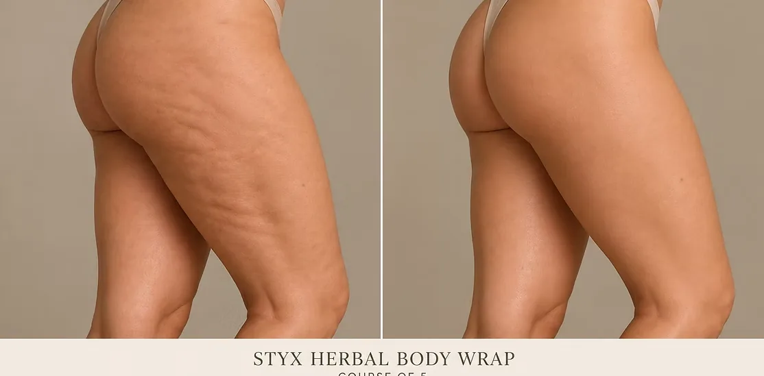 Thighs and buttocks before and after a course of five STYX herbal body wraps